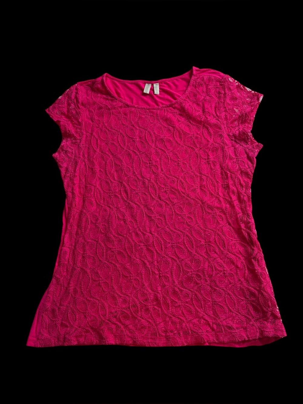 Madison Fuchsia Pink Lace Front Short Sleeve Blouse Top Sz M Rayon Spandex
